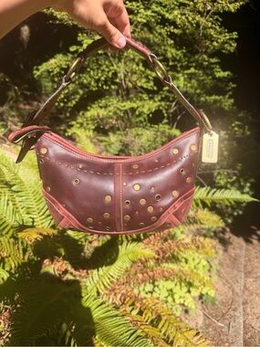 Vintage Coach Burgundy Leather Studded Soho Hobo Bag w/ Corseted Handle